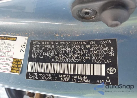 2009 Toyota Prius from USA, damaged, VIN JTDKB20U197872919
